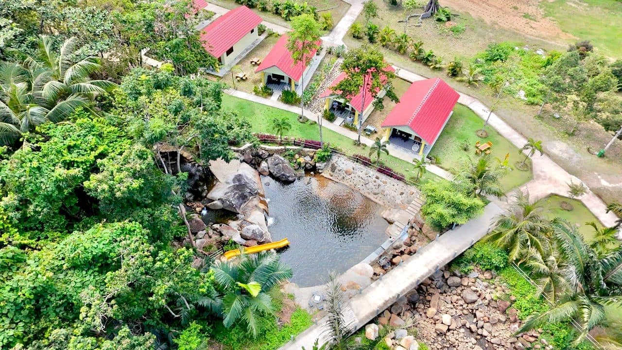 Aerial view of the chalets & pool
